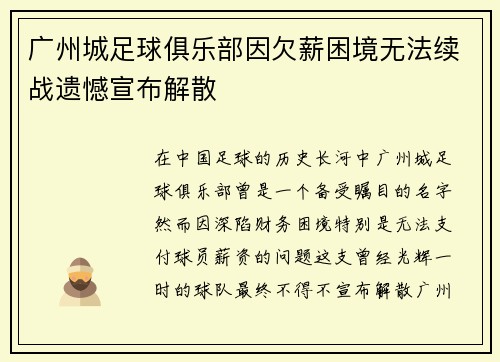 广州城足球俱乐部因欠薪困境无法续战遗憾宣布解散